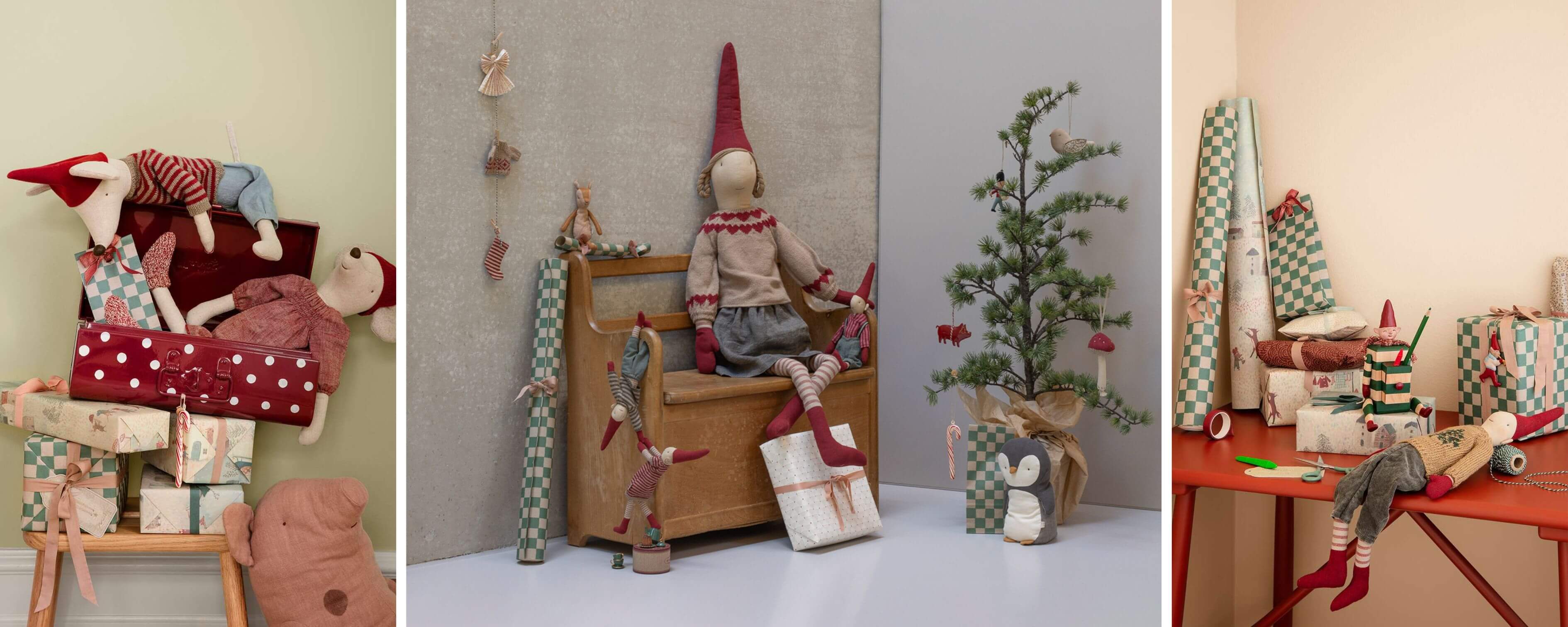 Three scenes featuring Maileg Christmas-themed decorations with elves, trees, and presents.
