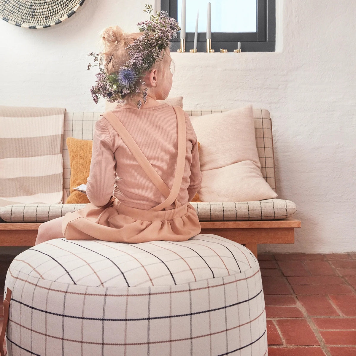 OYOY Grid Cotton Pouf Large off-white