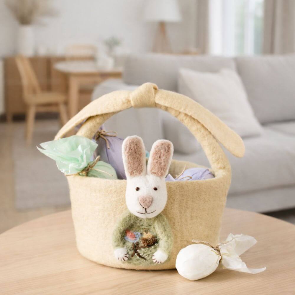 Decorative Gry & Sif Easter basket on a table in a living room setting