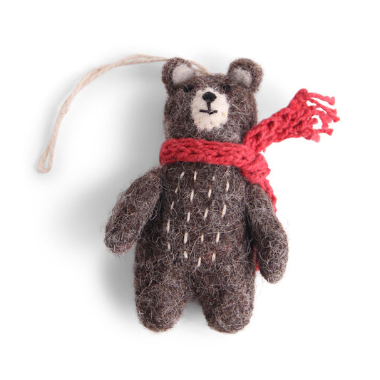 Gry & Sif Bear Grey Felt Decoration with red scarf
