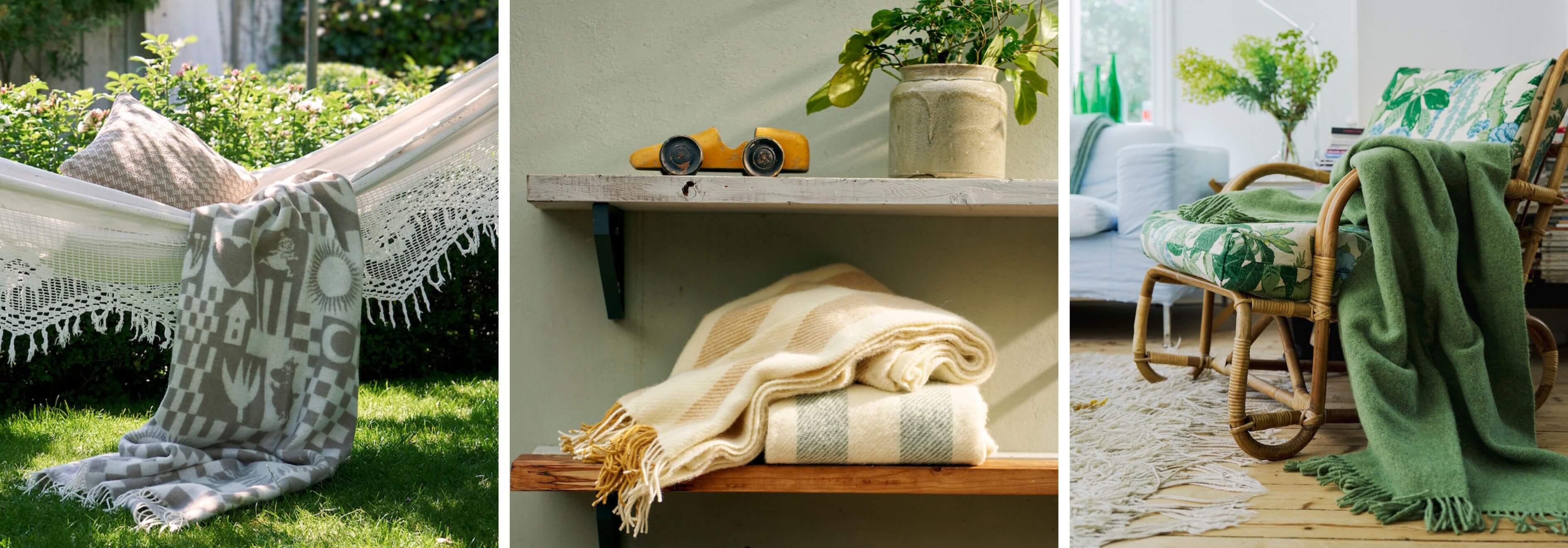 Collage of outdoor and indoor scenes with patterned and green blankets from Klippan.