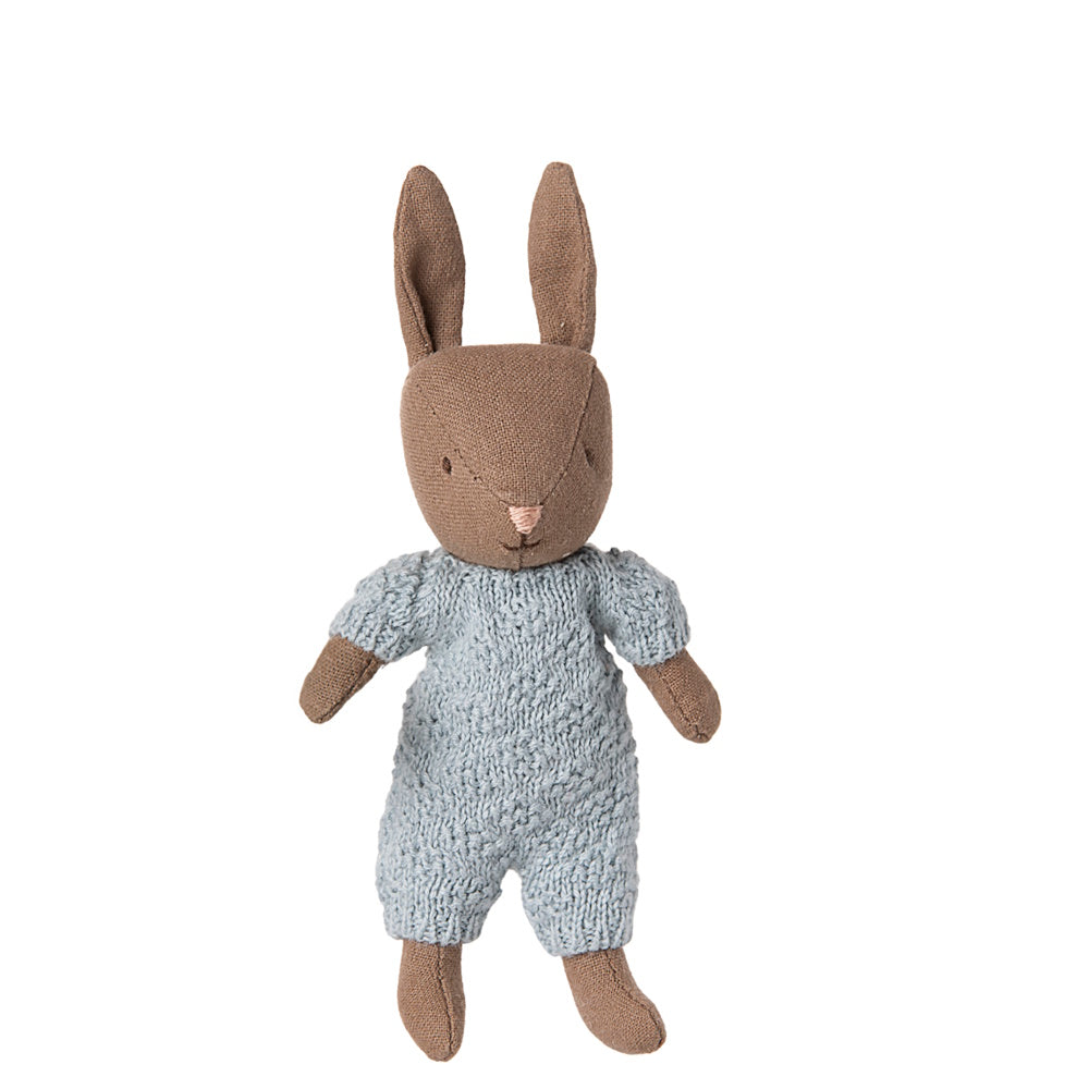 Maileg Rabbit Micro Brown Blue Knitted Suit