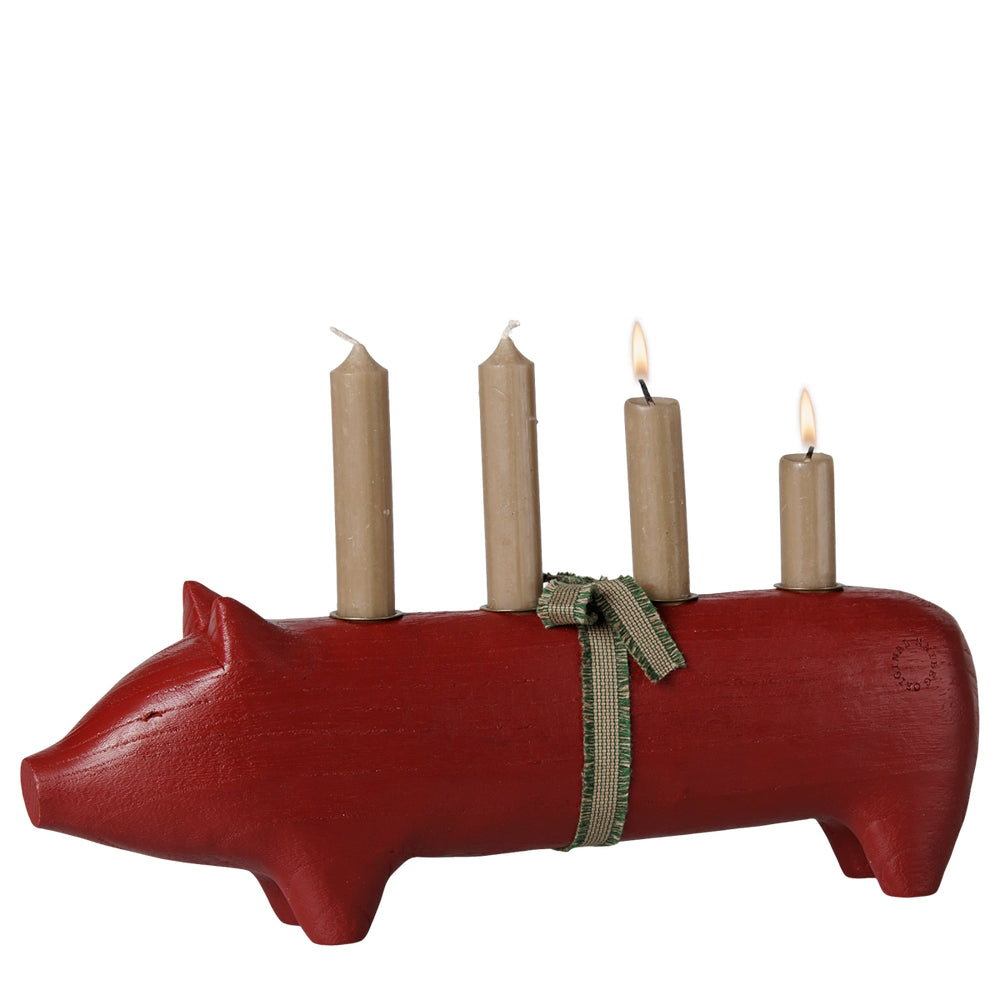 Maileg Wooden Candle Holder Pig Advent Large Red