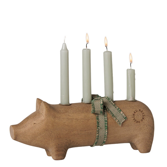 Maileg Wooden Candle Holder Pig Advent Medium Nature