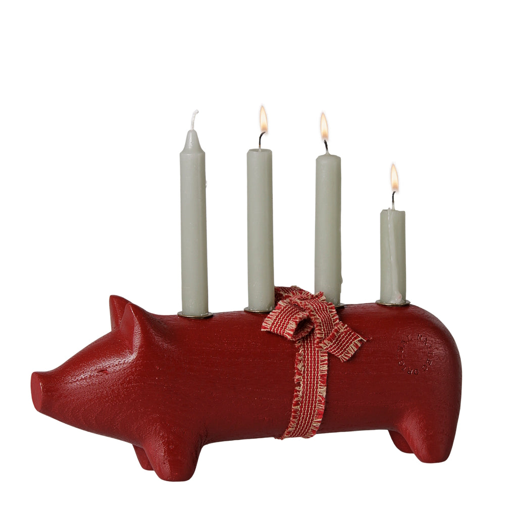 Maileg Wooden Candle Holder Pig Advent Medium Red