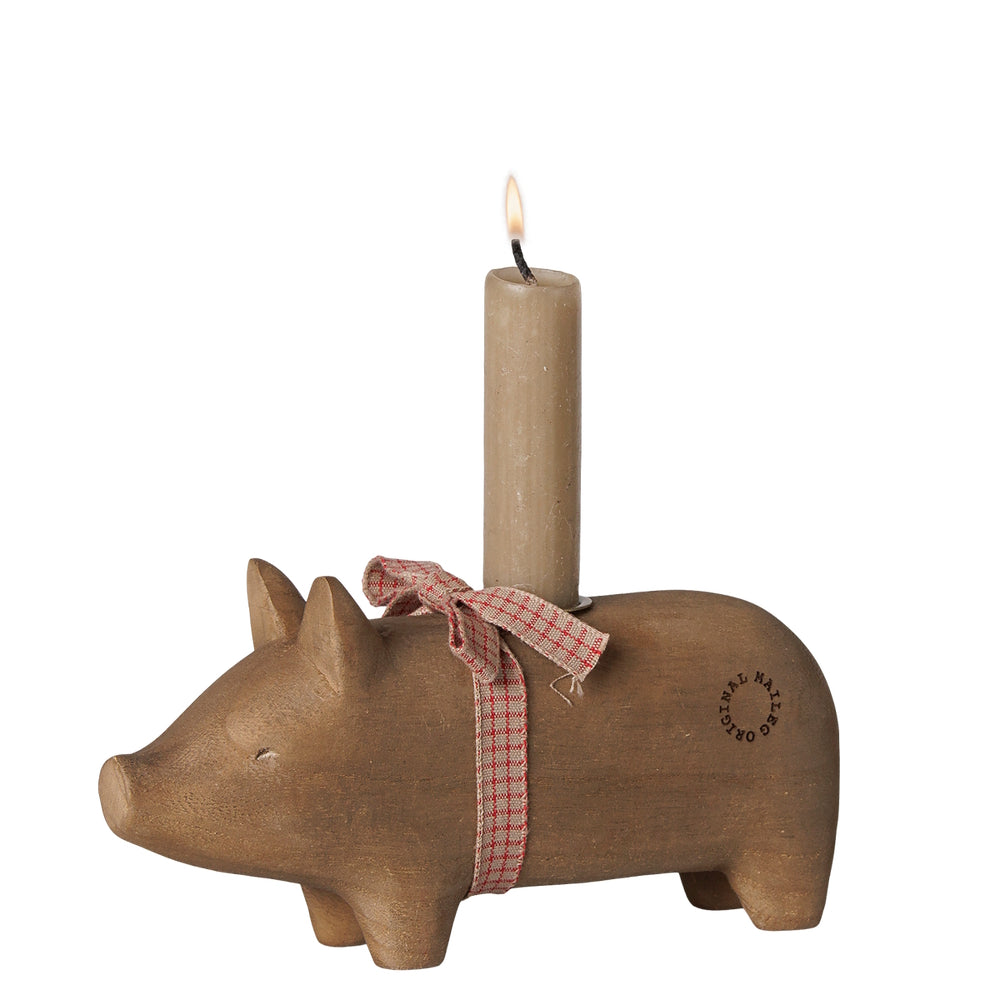 Maileg Wooden Candle Holder Pig Medium Nature
