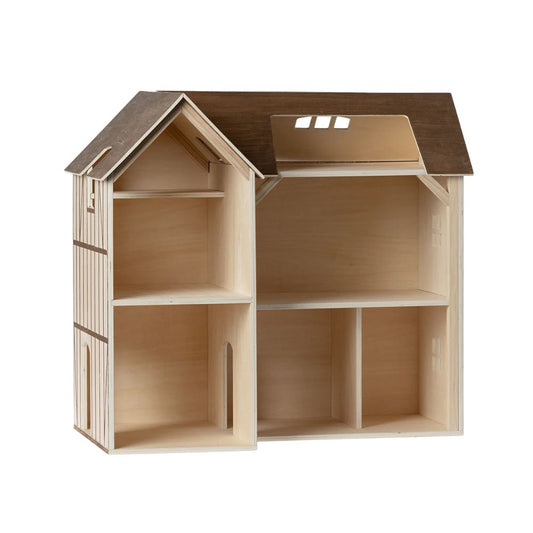 Wooden dollhouse with a brown roof on a white background