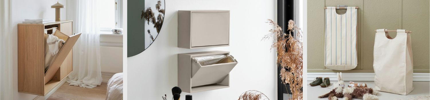 Collage of interior design elements from ReCollector including a laundry cabinet, wall storage units, and laundry hampers.